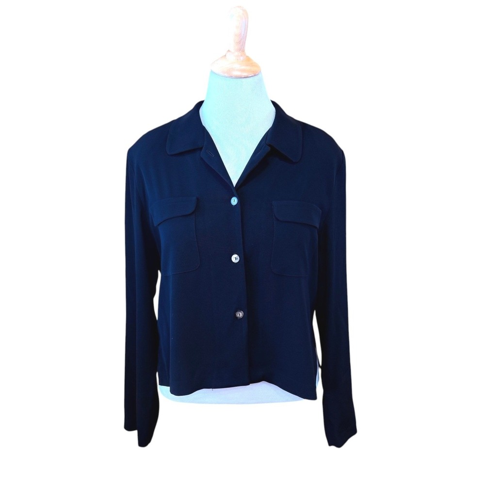 Black Y2K Talbots Button Front Long Sleeve Cropped Shirt with Chest Pockets